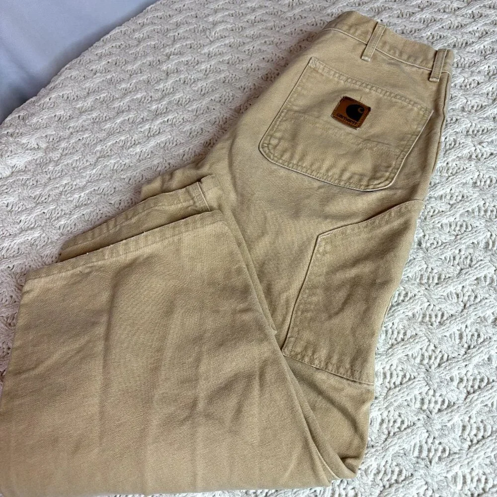 VTG Made In USA Carhartt‎ Canvas Work Pants Men's 34x28 Grunge Distres Tan MINT